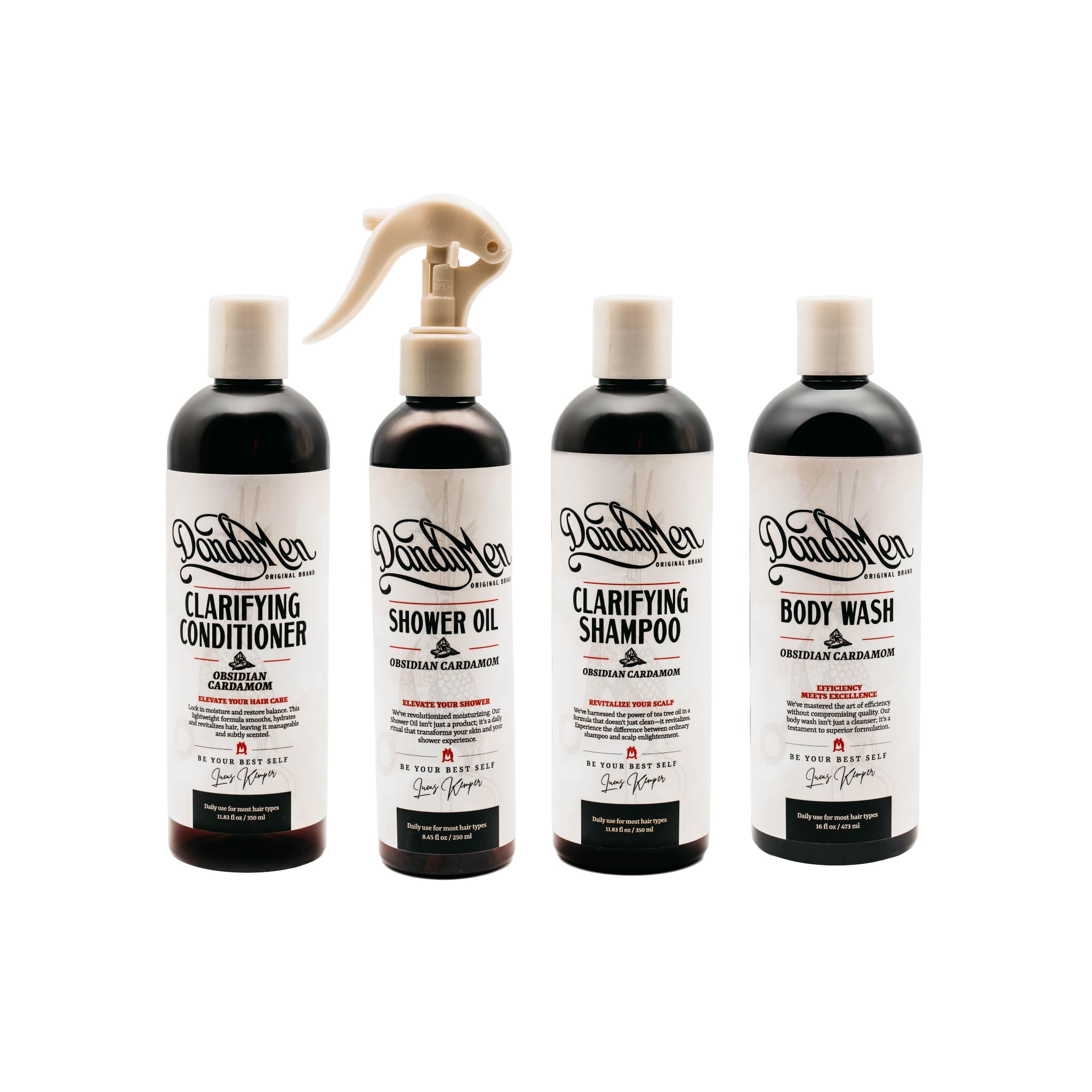 DandyMen Obsidian Cardamom shampoo bottle closeup for daily hair cleansing