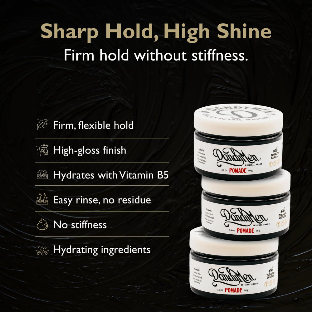 DandyMen Pomade delivers a high shine finish for premium styling.