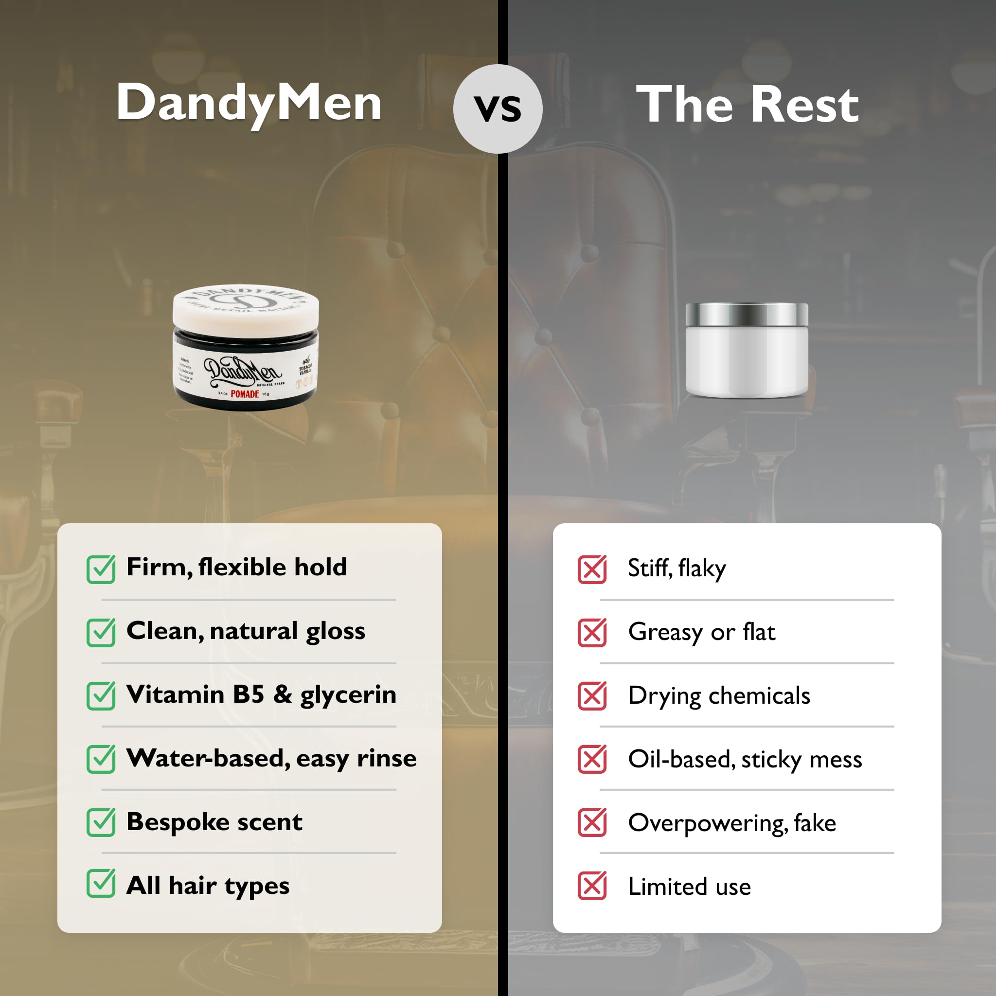 DandyMen Pomade hydrating formula nourishes hair with glycerin and B5.