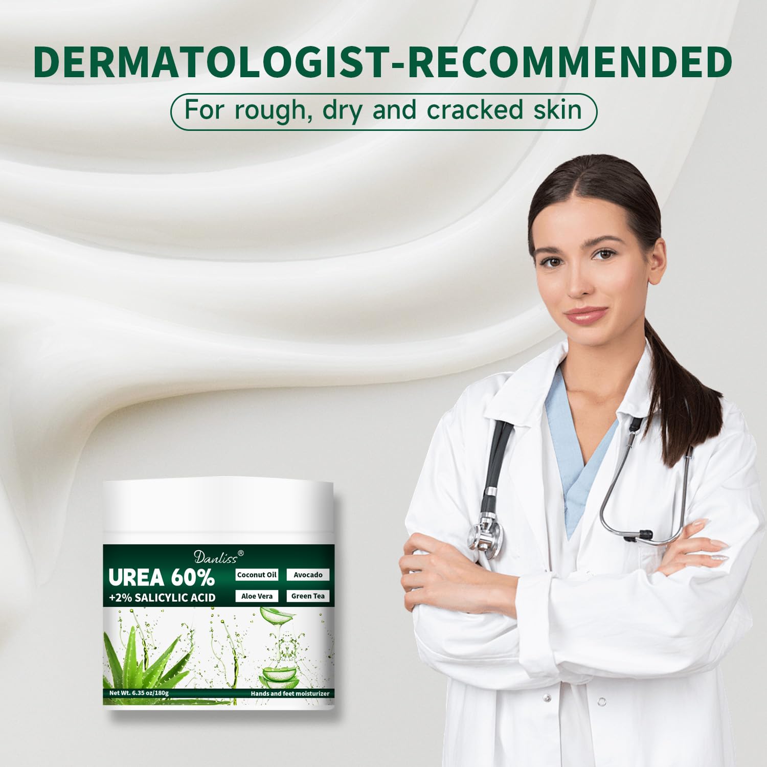 Danliss Urea Cream being applied to rough skin for smoothing and absorption.