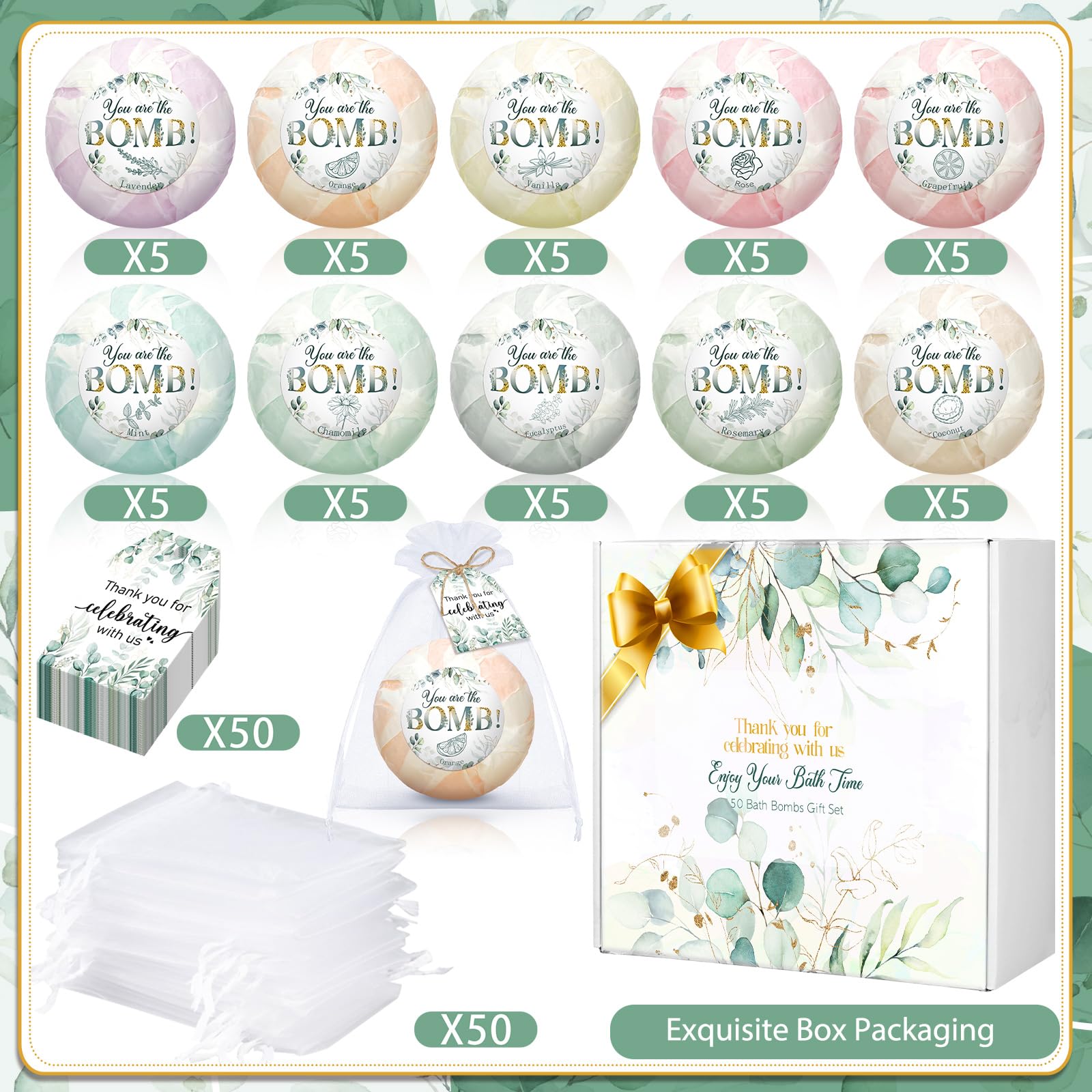 Dansib bath bombs with scent labels showing 10 fragrances