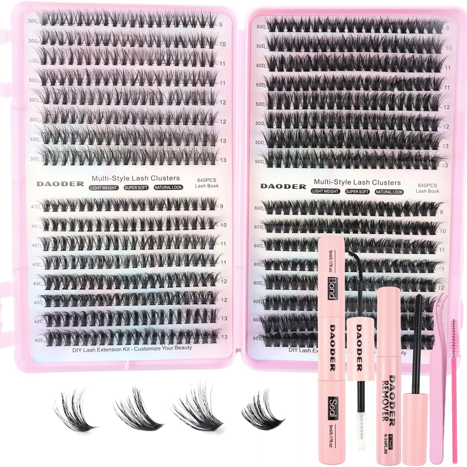DAODER wispy lash clusters kit 640pcs laid out for natural, lightweight glam