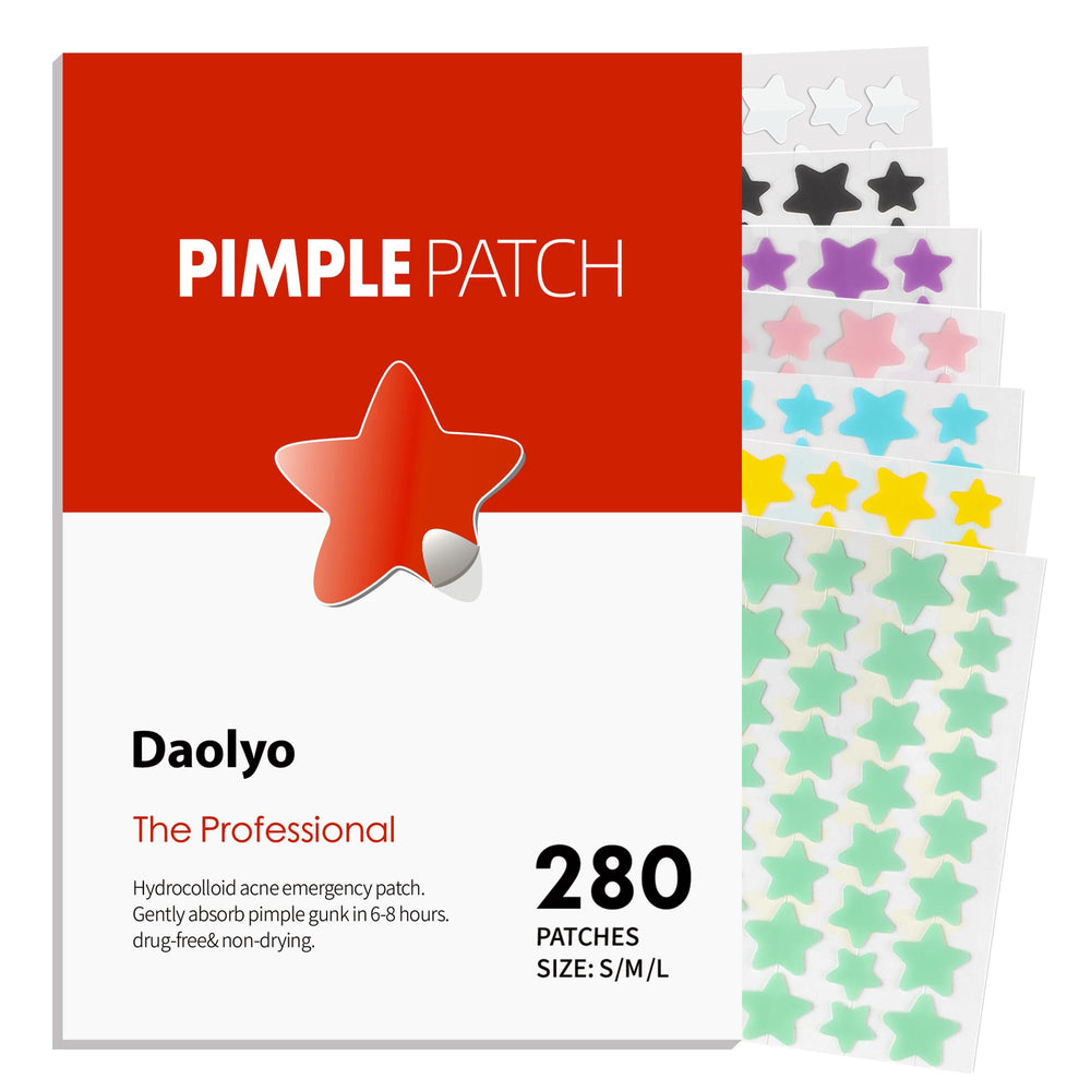 Daolyo star patches 280-count pack cover blemishes with gentle hydrocolloid absorption.