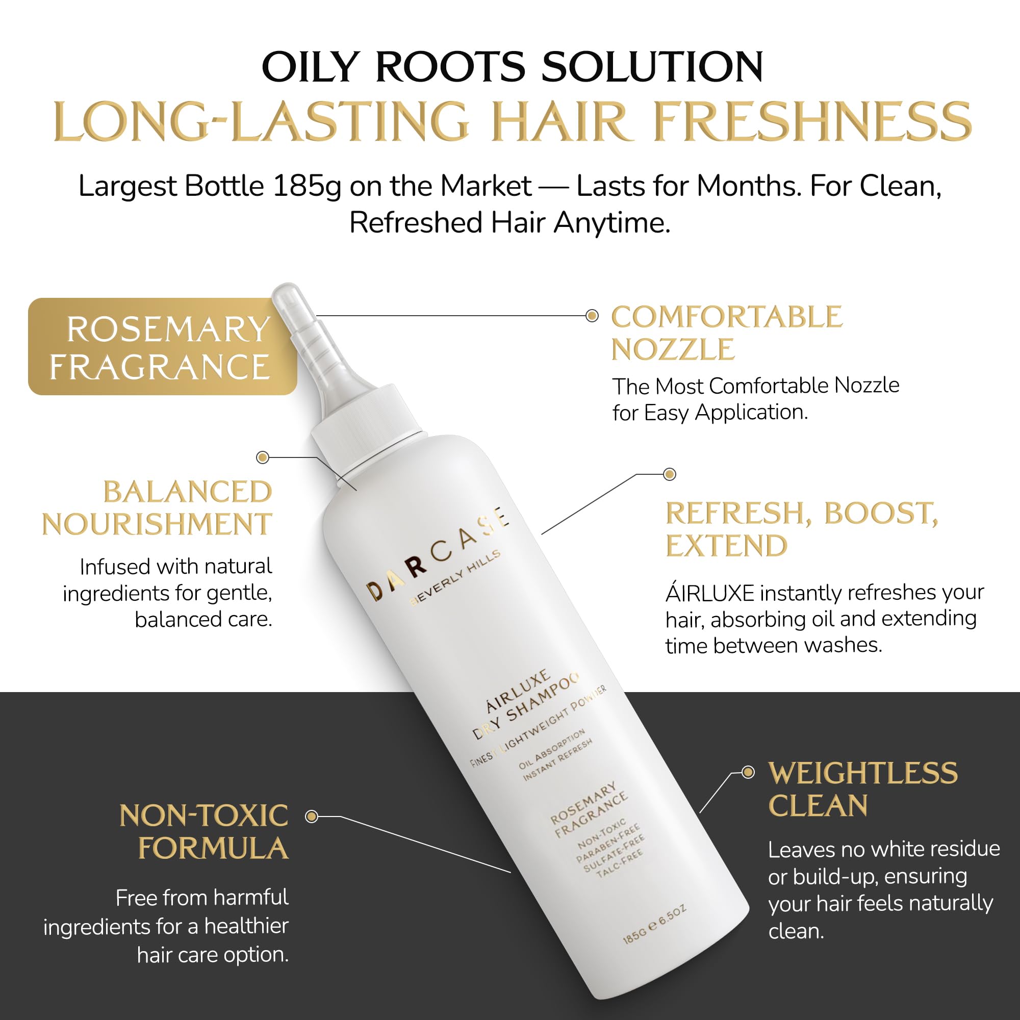 DARCASE premium rosemary dry shampoo on hair showing lightweight finish