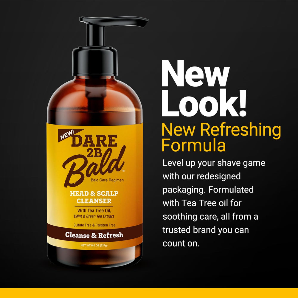 DARE TO BE BALD daily bald-head care routine with bottle scene