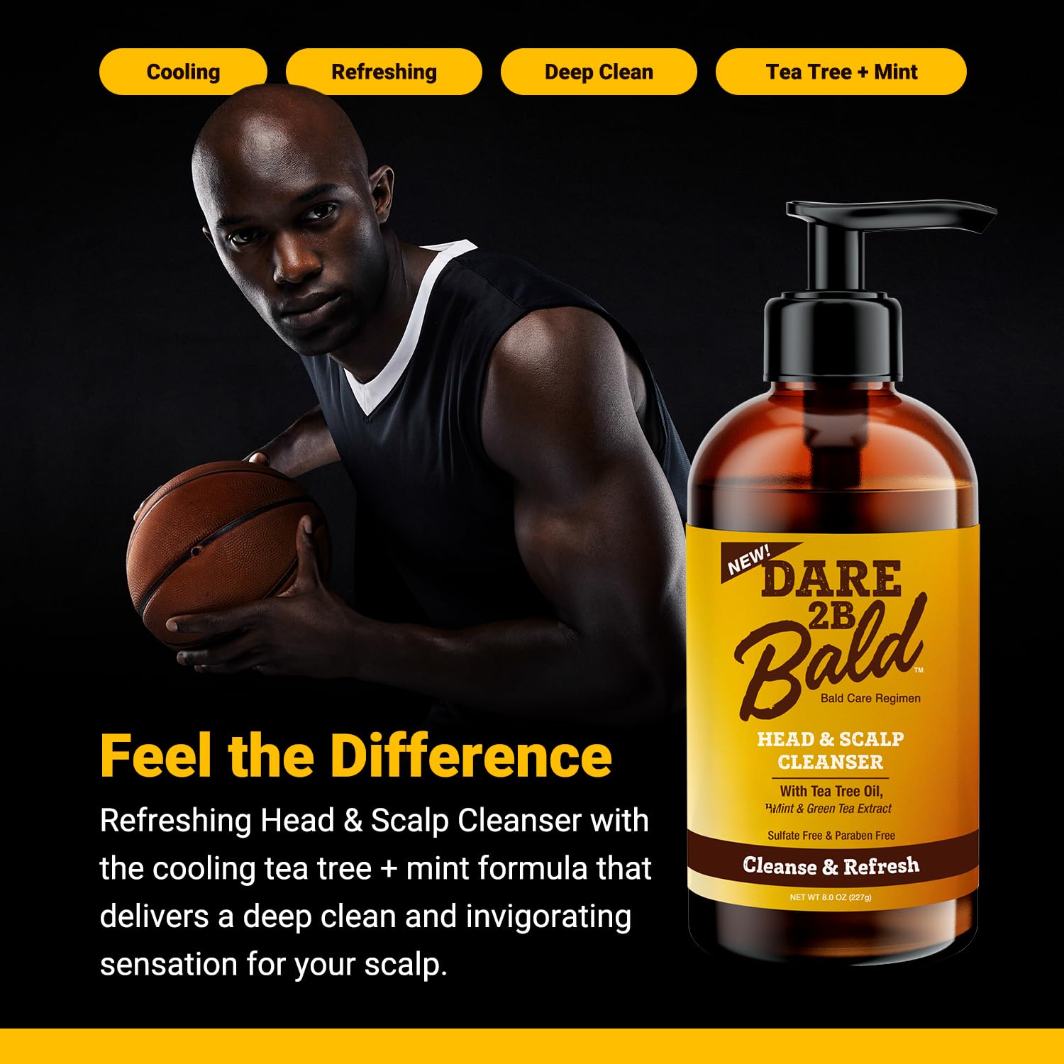DARE TO BE BALD tea tree oil mint green tea closeup highlighting soothing scalp care