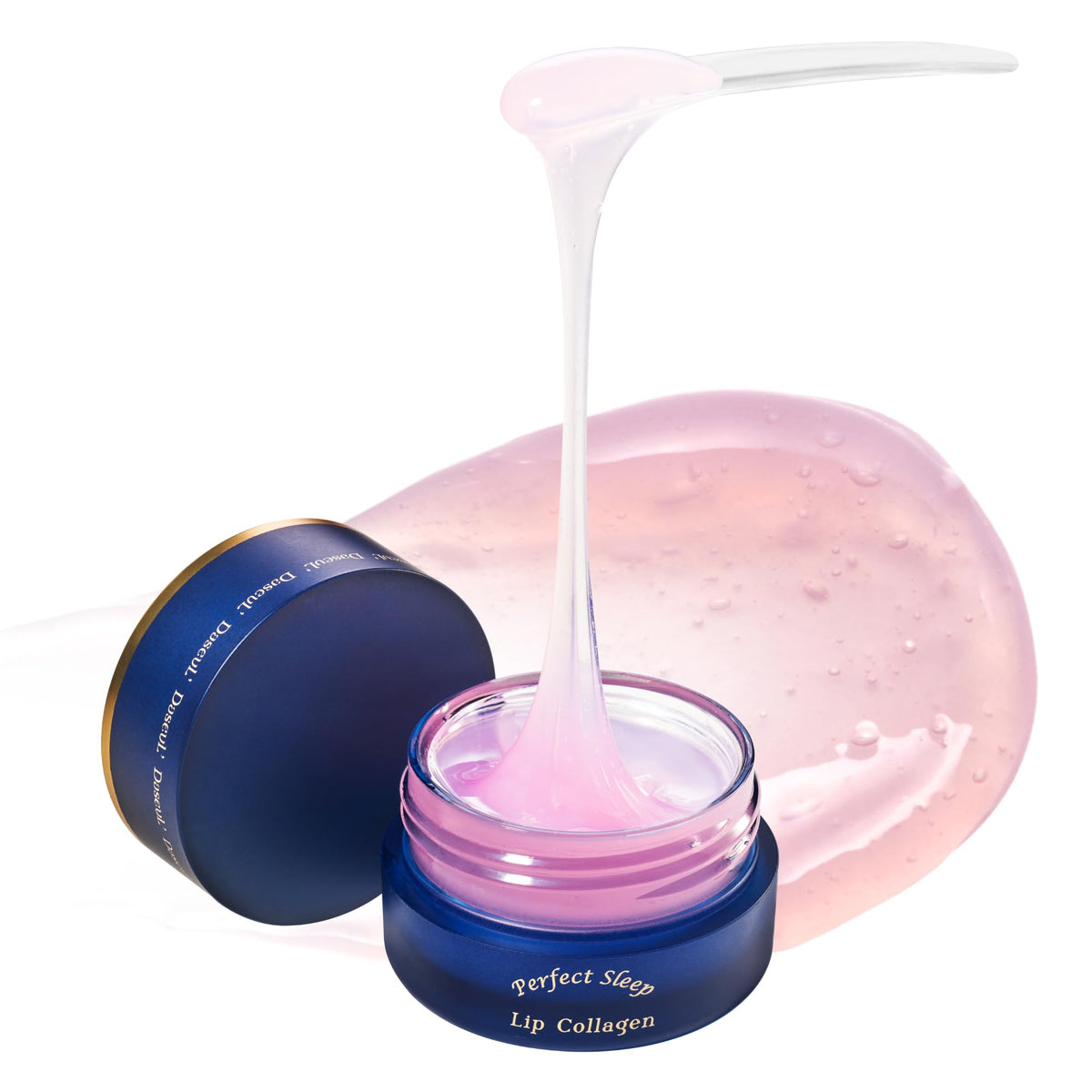 Perfect Sleep Lip Collagen jar close-up showing elastic jelly texture for overnight hydration.