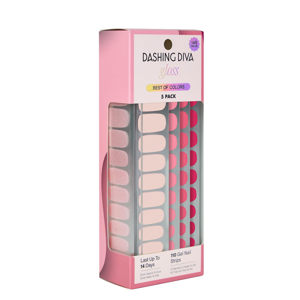 Dashing Diva Gloss Best of Pinks pack shot with salon-style shine lasting up to 14 days.