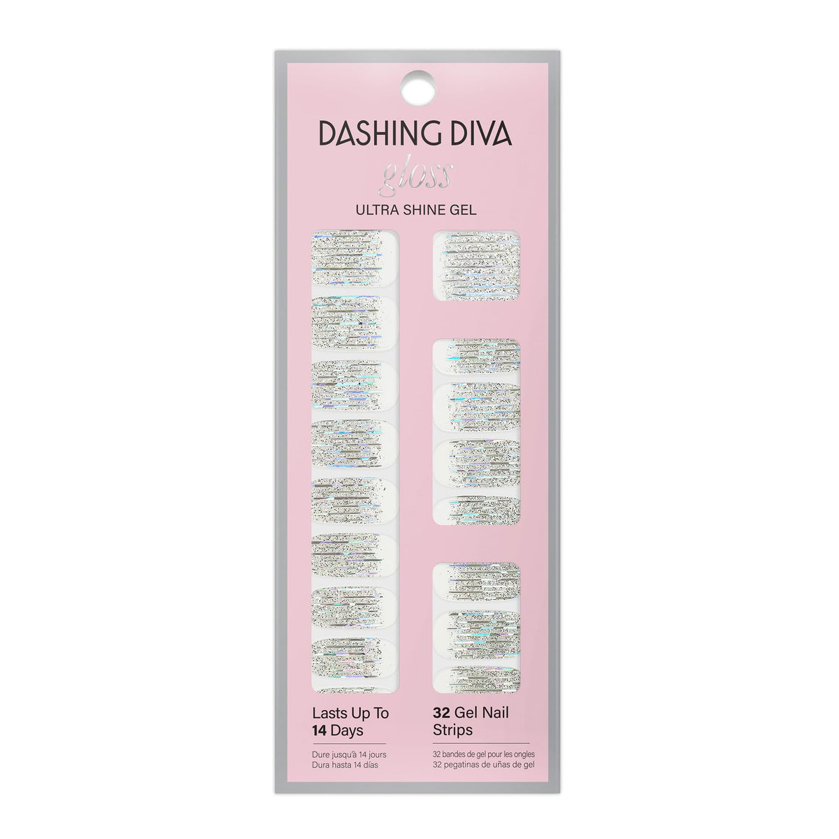 Dashing Diva Going Platinum gel nail strips with iridescent silver glitter for a glam manicure.