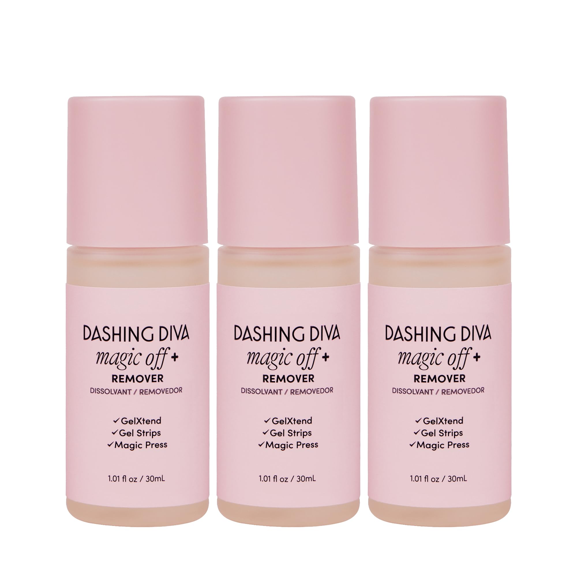 Dashing Diva Magic Off+ remover bottle showing gentle, conditioning nail removal.