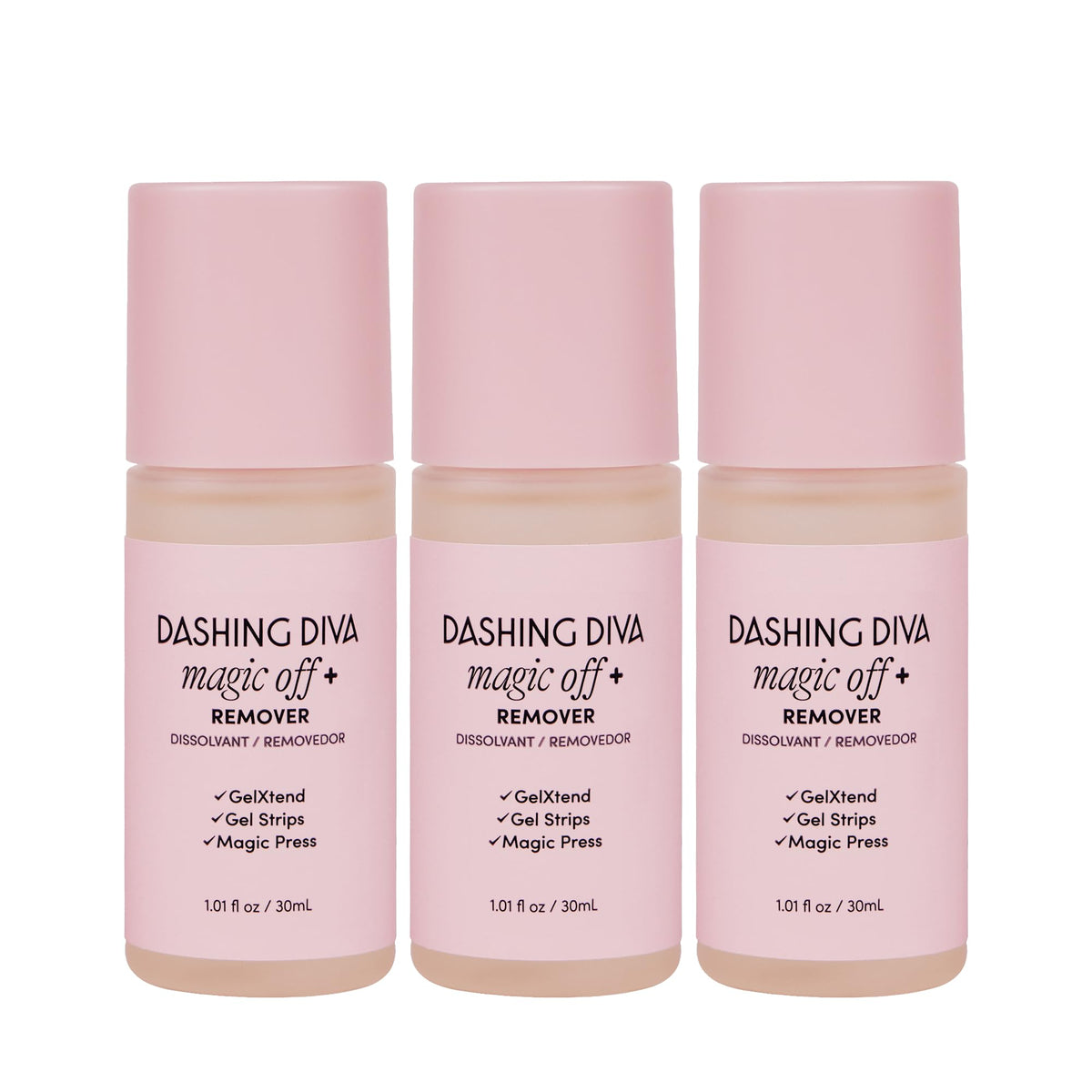 Dashing Diva Magic Off+ remover bottle showing gentle, conditioning nail removal.