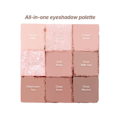 Close-up texture of matte, shimmer, and pearl finishes in Dasique 27 Rose Milk Tea.