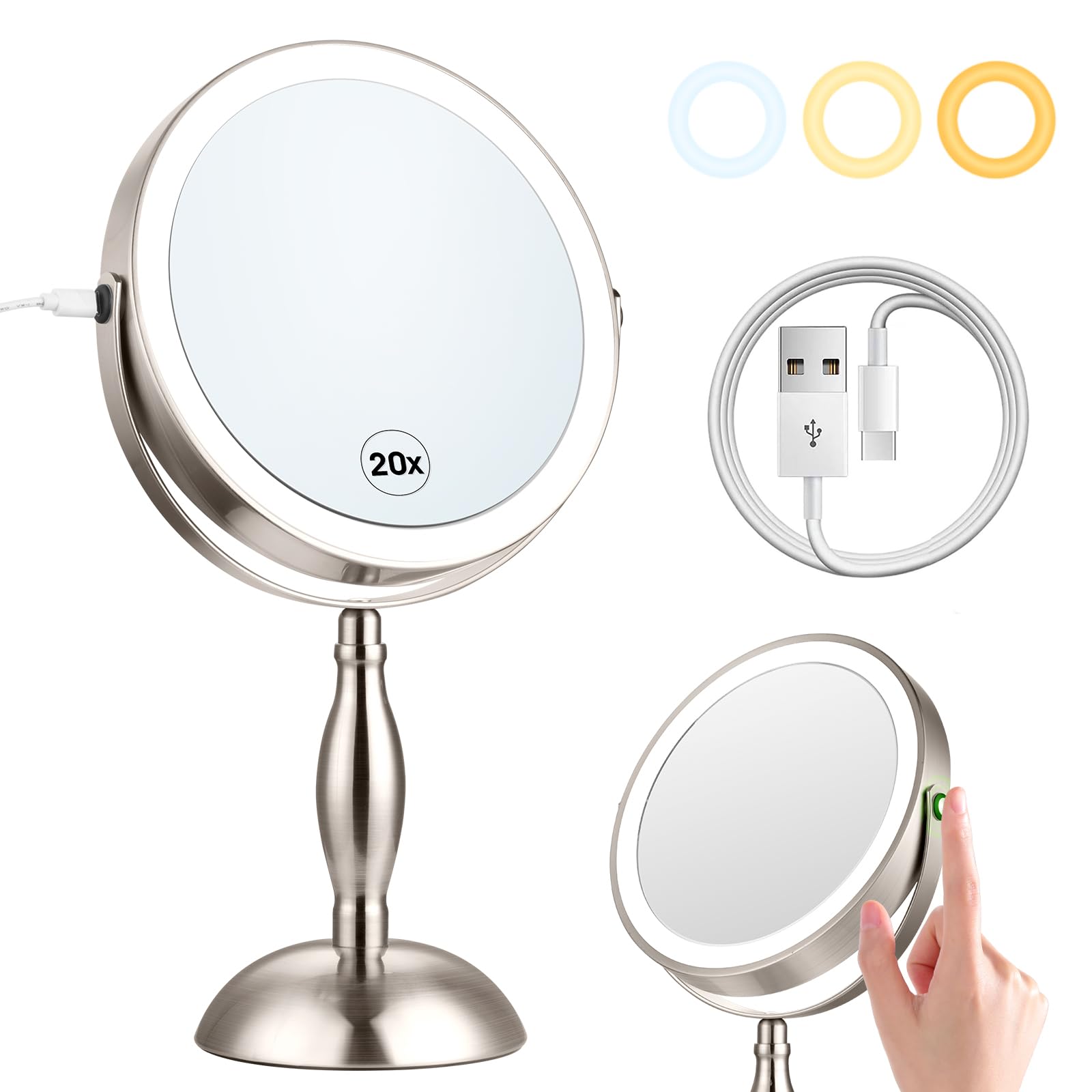 DASLAVA 20x magnifying mirror with lights for precise makeup and skincare checks.