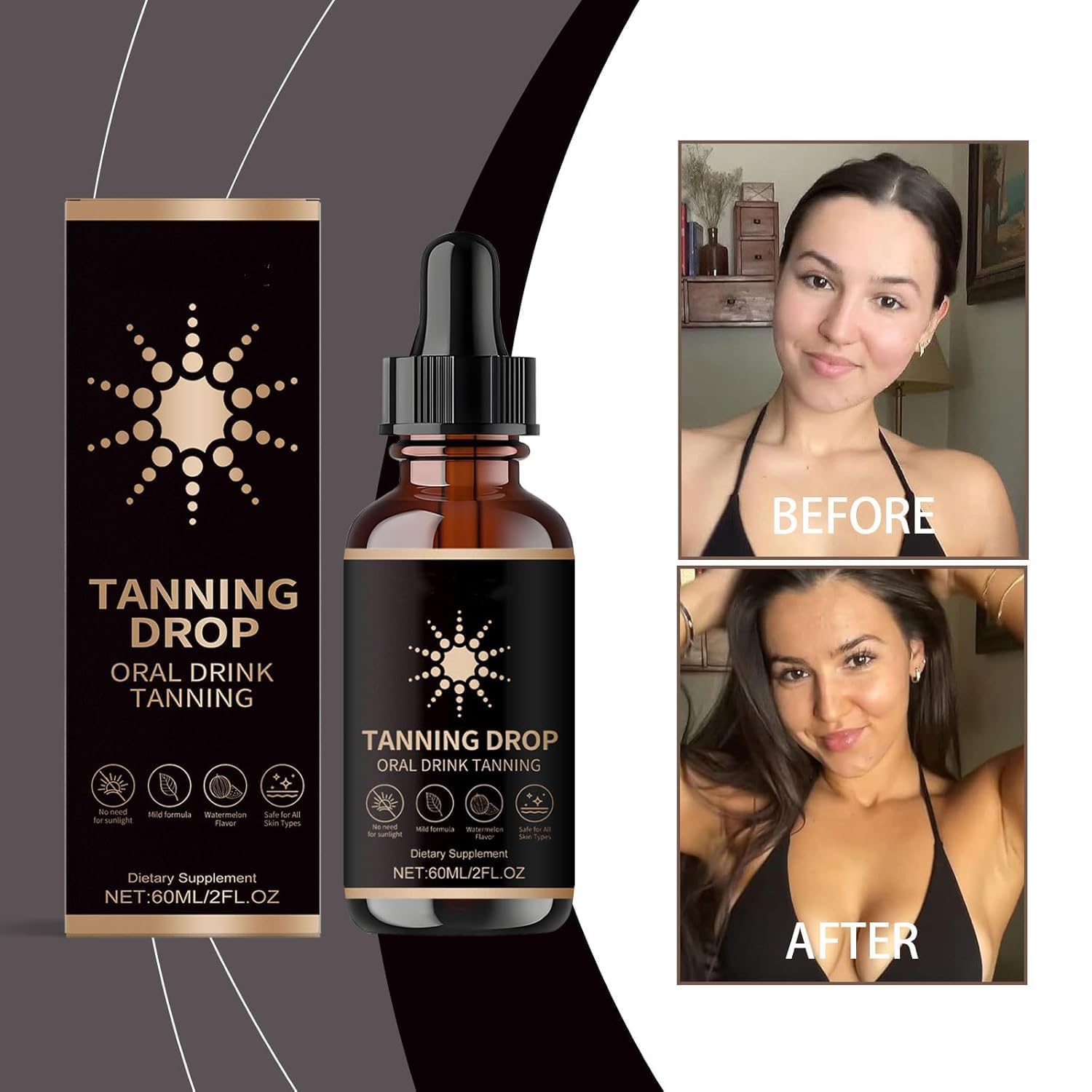 DASIUIP tanning drops mixed into juice showing convenient intake method.