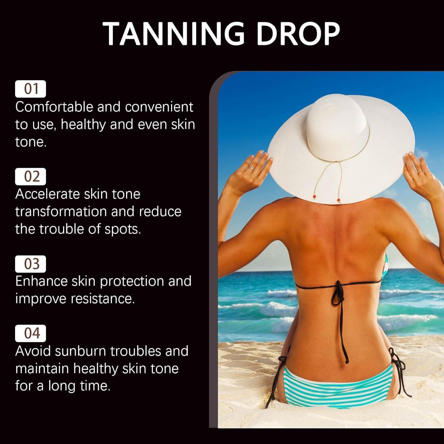 DASIUIP tanning drops packaging box highlighting 2 oz and all-skin-tone benefits.