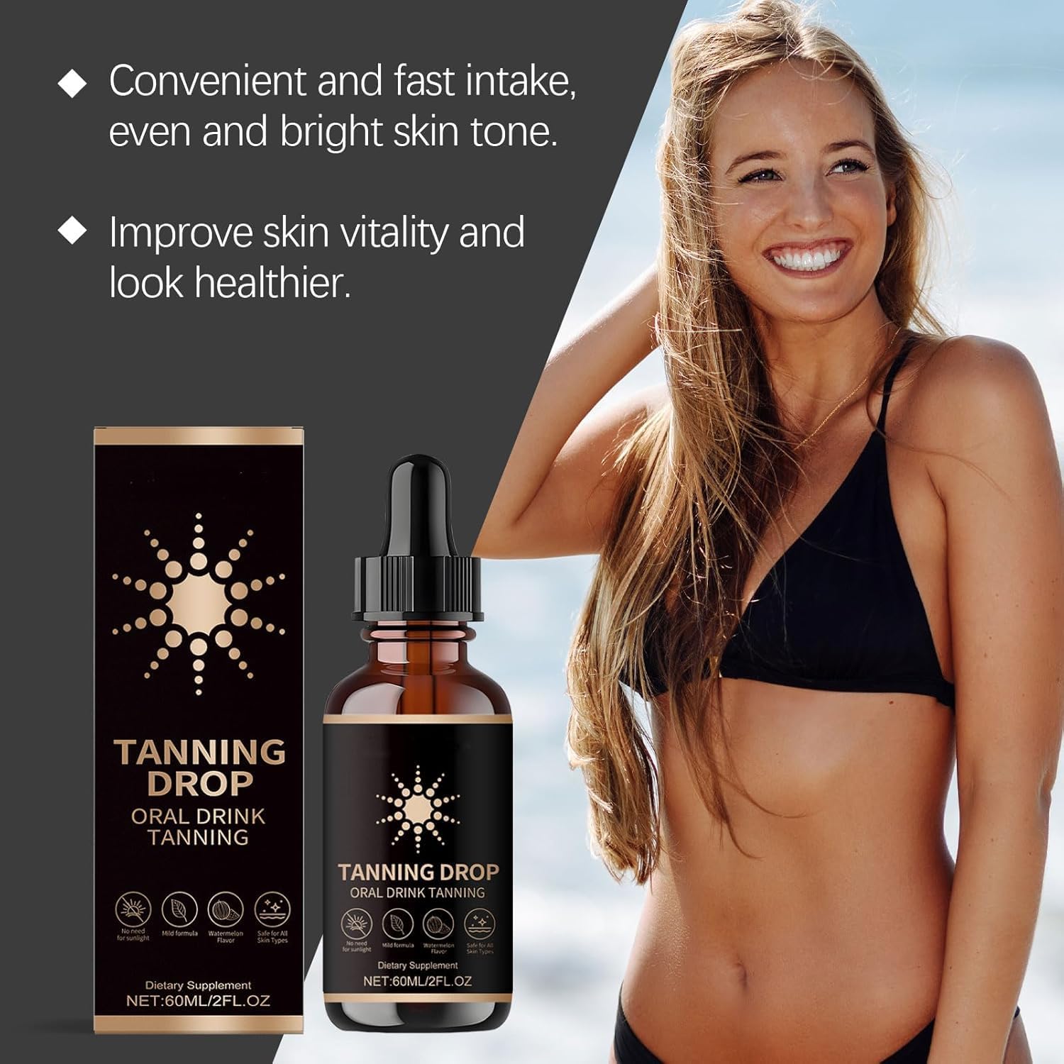 DASIUIP tanning drops blend into beverage, hinting at natural-looking tan.