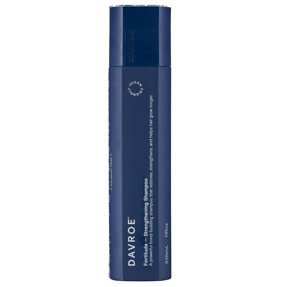 DAVROE Fortitude Shampoo bottle highlights vegan bond-building formula for healthier hair.
