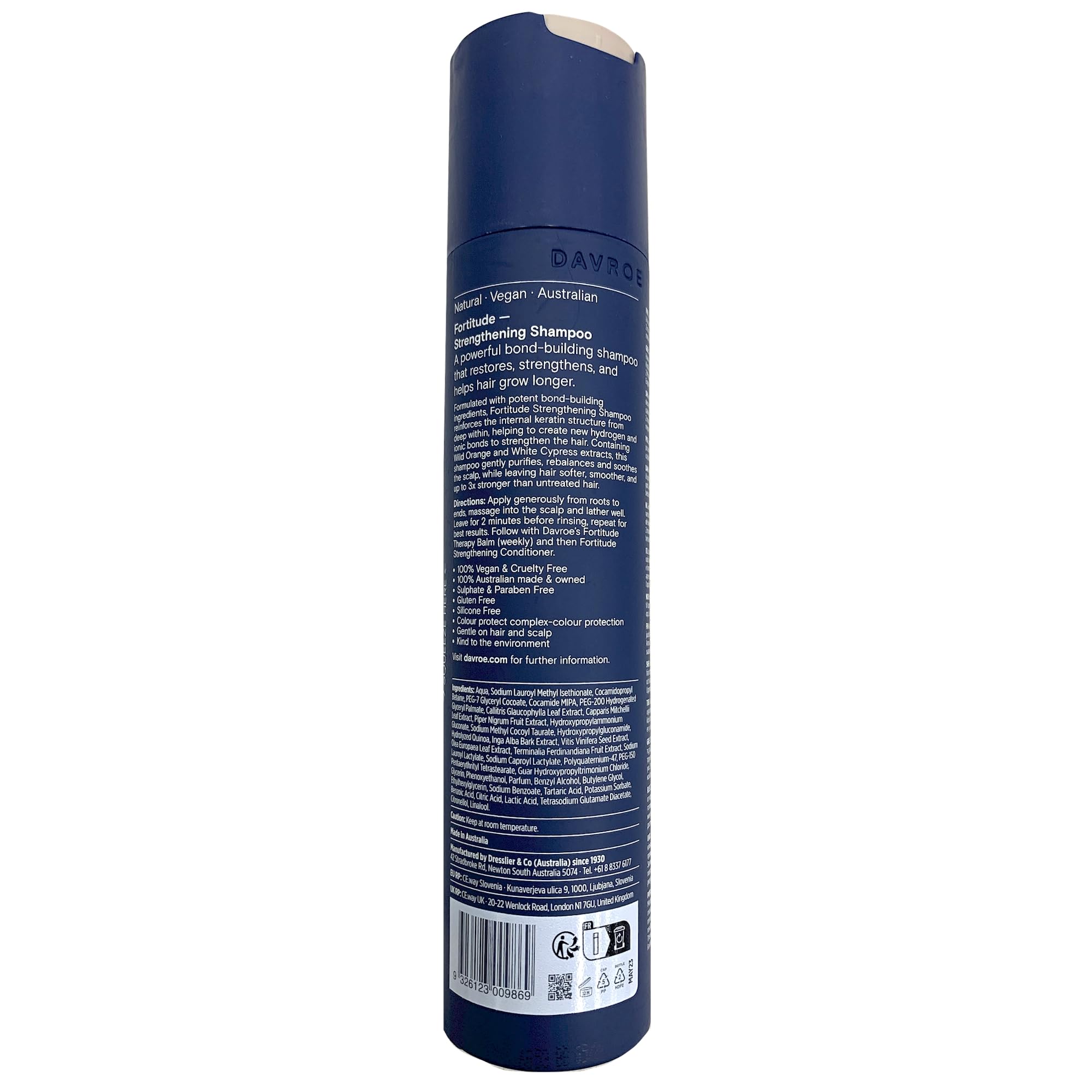 DAVROE Fortitude Shampoo packaging detail shows vegan cruelty-free credentials.