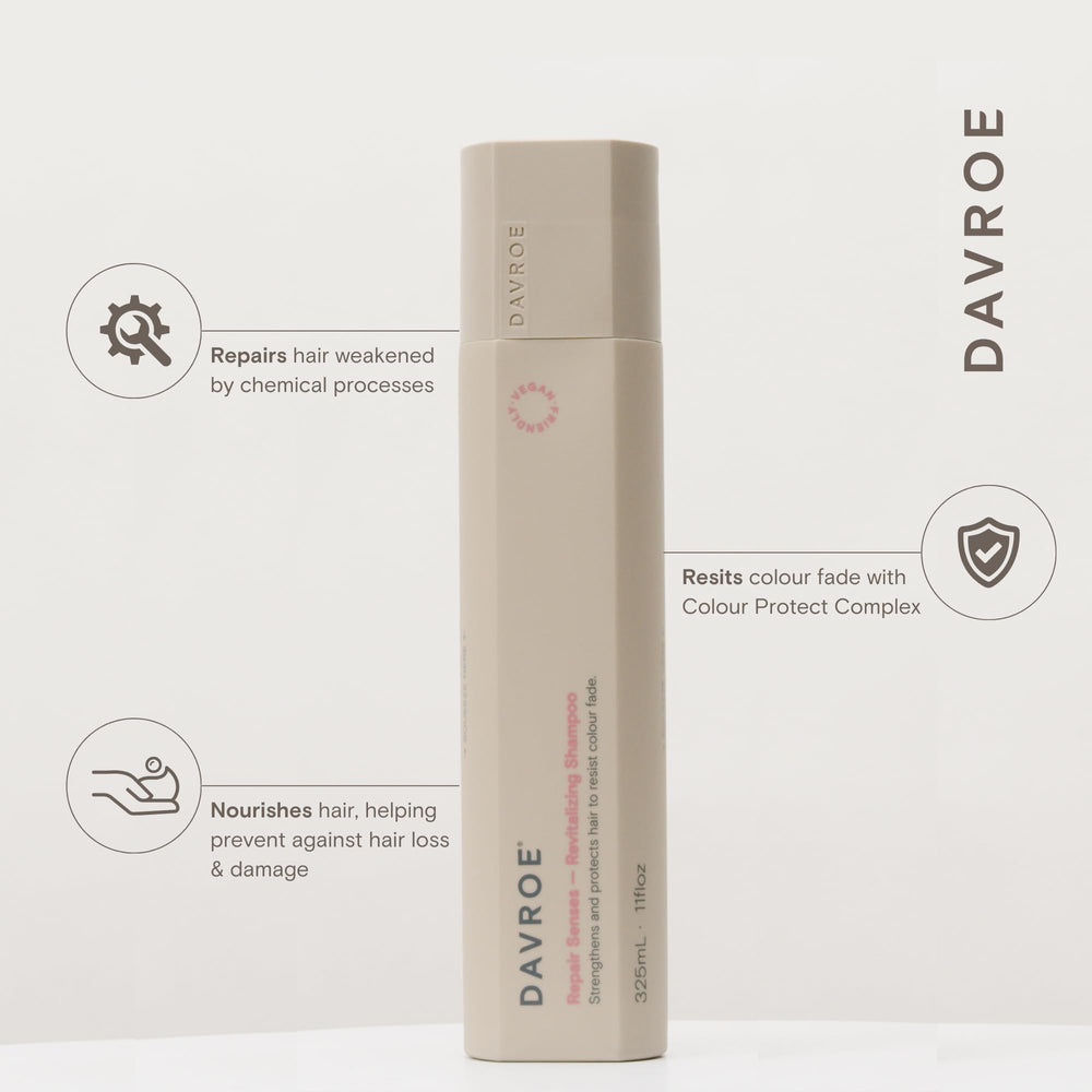 DAVROE Repair Senses Shampoo bottle cap close-up highlighting premium care for chemically treated hair.