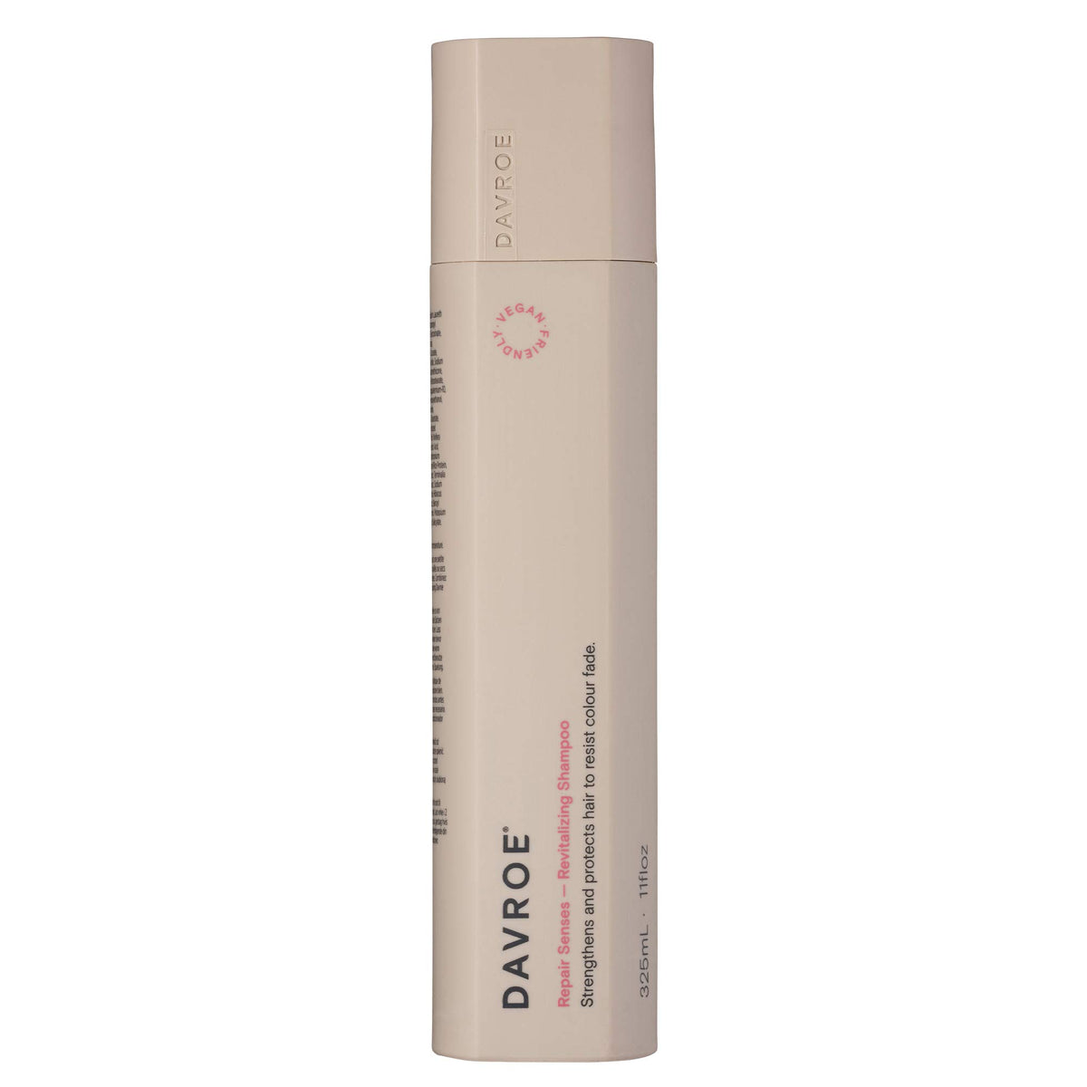DAVROE Repair Senses Shampoo bottle front showing natural vegan formula and color protection.
