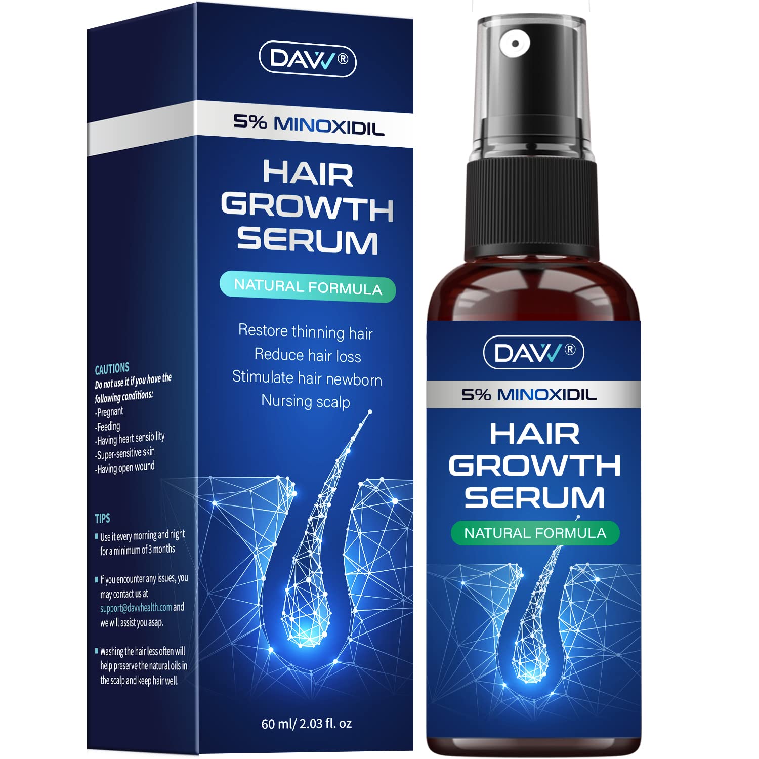 DAVV 5% Minoxidil spray bottle front view for hair growth support
