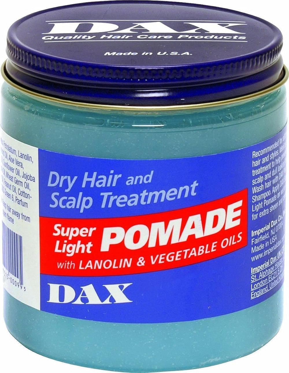 DAX Super Light Pomade bottle close-up shows a glossy finish for a slick look.