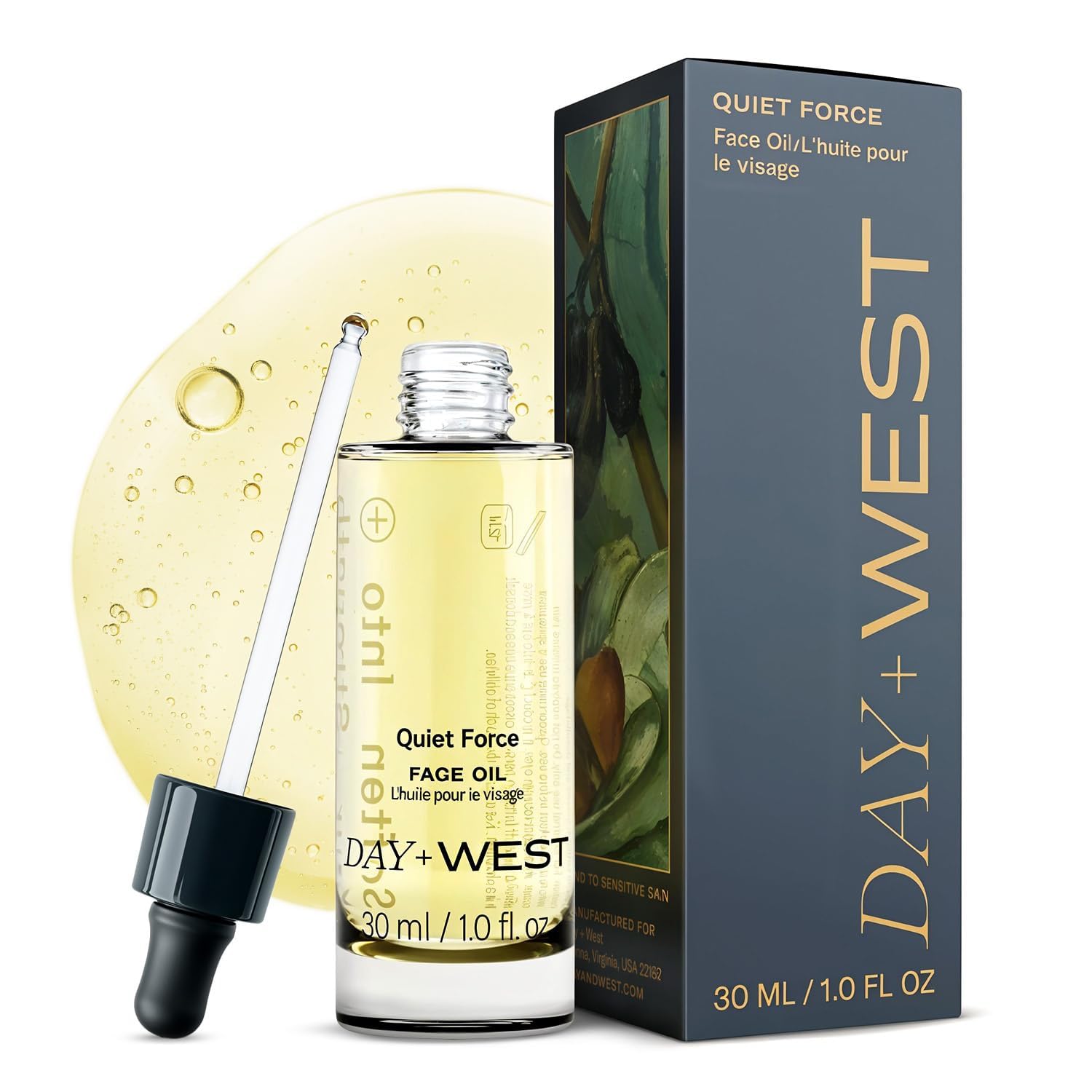 Day + West Quiet Force Face Oil bottle promotes gentle hydration for sensitive skin.