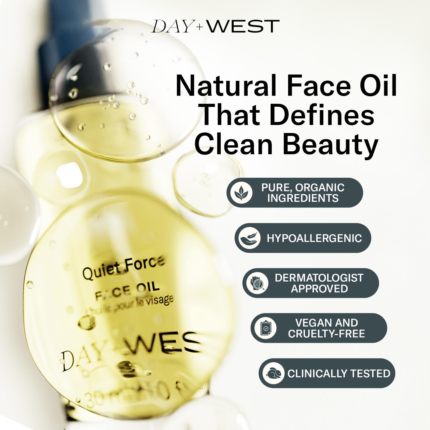 Day + West Quiet Force Face Oil delivers a natural glow after use.