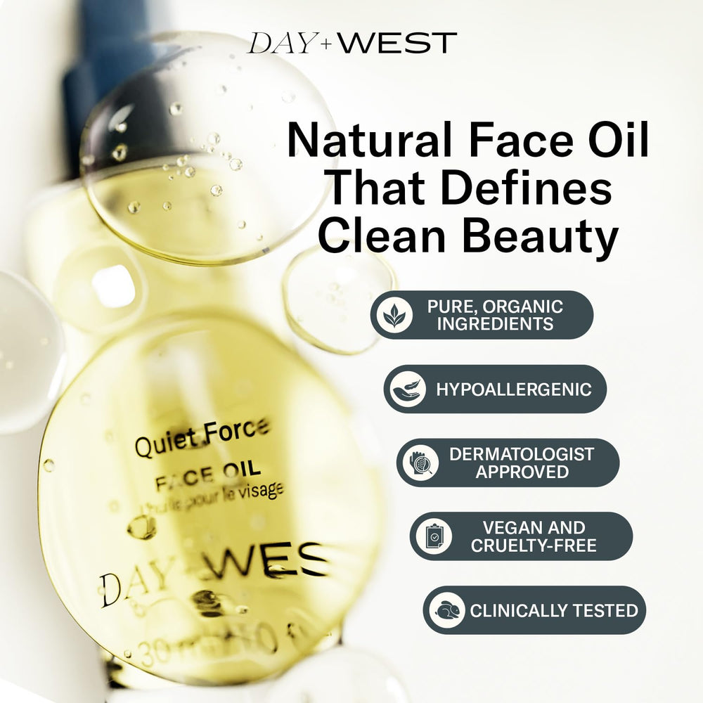 Day + West Quiet Force Face Oil delivers a natural glow after use.