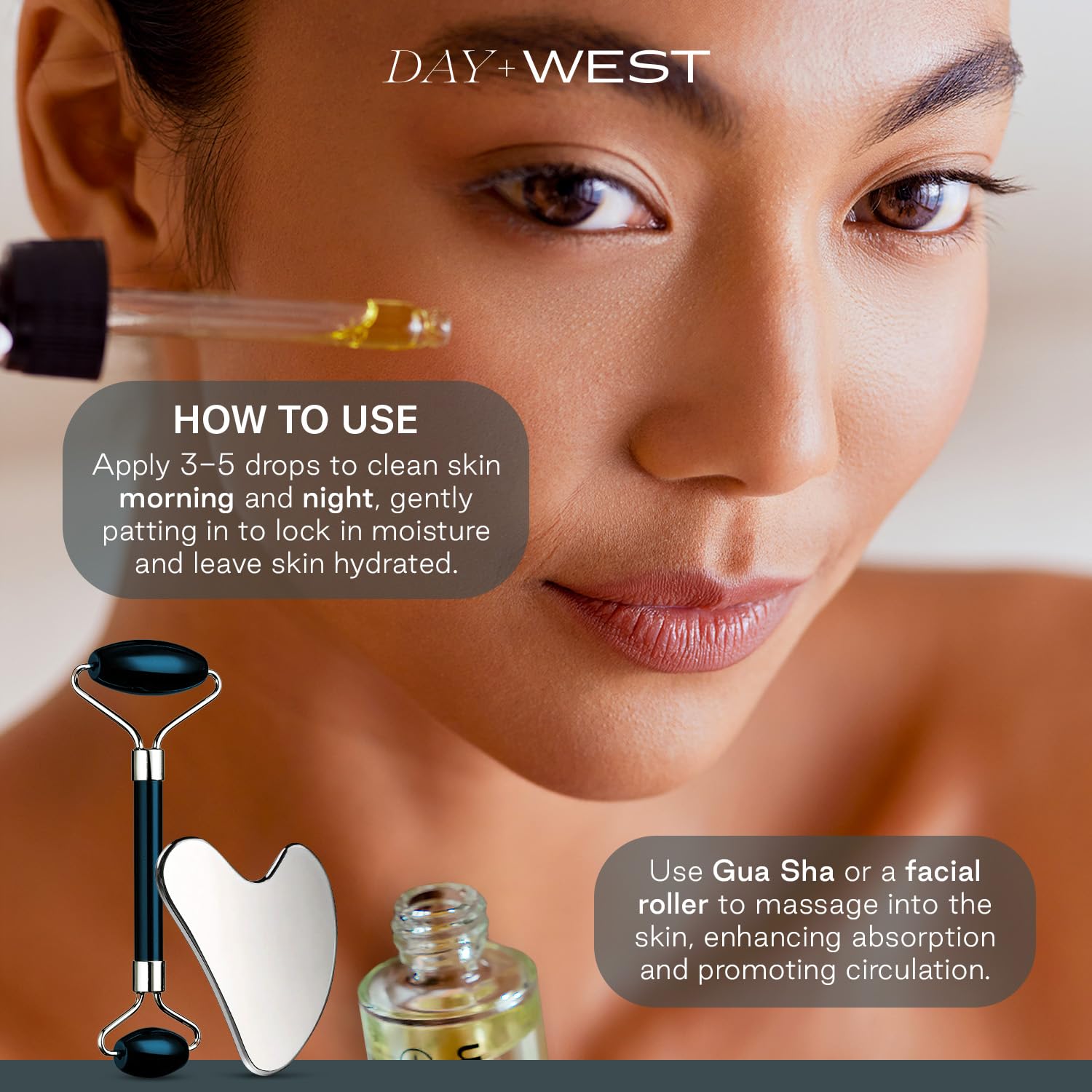 Day + West Quiet Force Face Oil with rosehip and berry oils for radiant-looking skin.