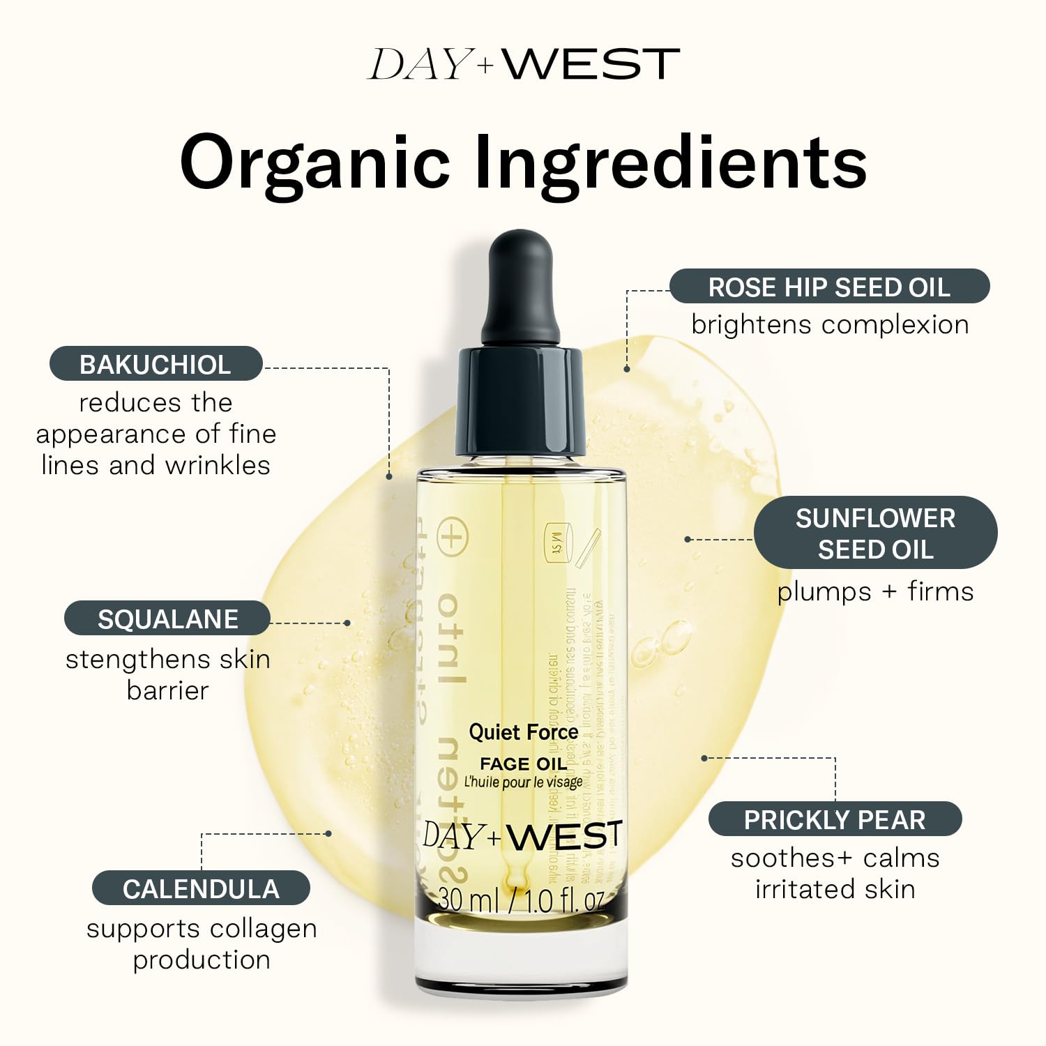 Day + West Quiet Force Face Oil texture close-up showing a light, non-greasy finish.