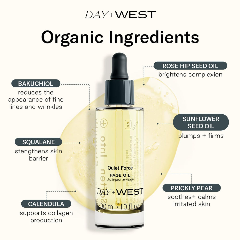 Day + West Quiet Force Face Oil texture close-up showing a light, non-greasy finish.