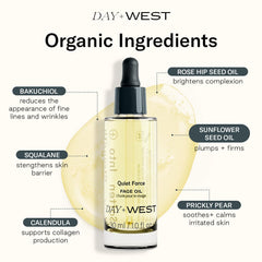 Day + West Quiet Force Face Oil texture close-up showing a light, non-greasy finish.