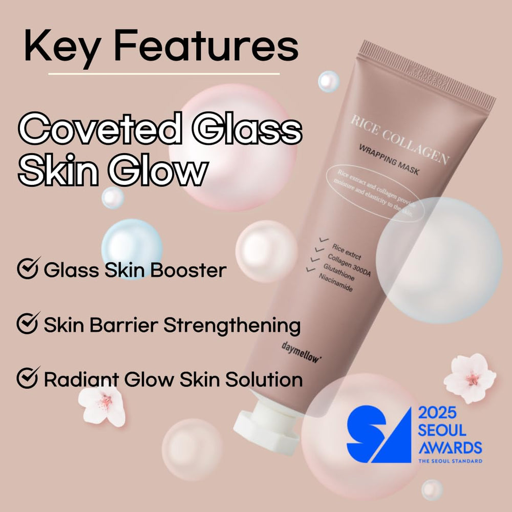 daymellow Rice Collagen Wrapping Mask bottle shows hydrating formula for soft skin