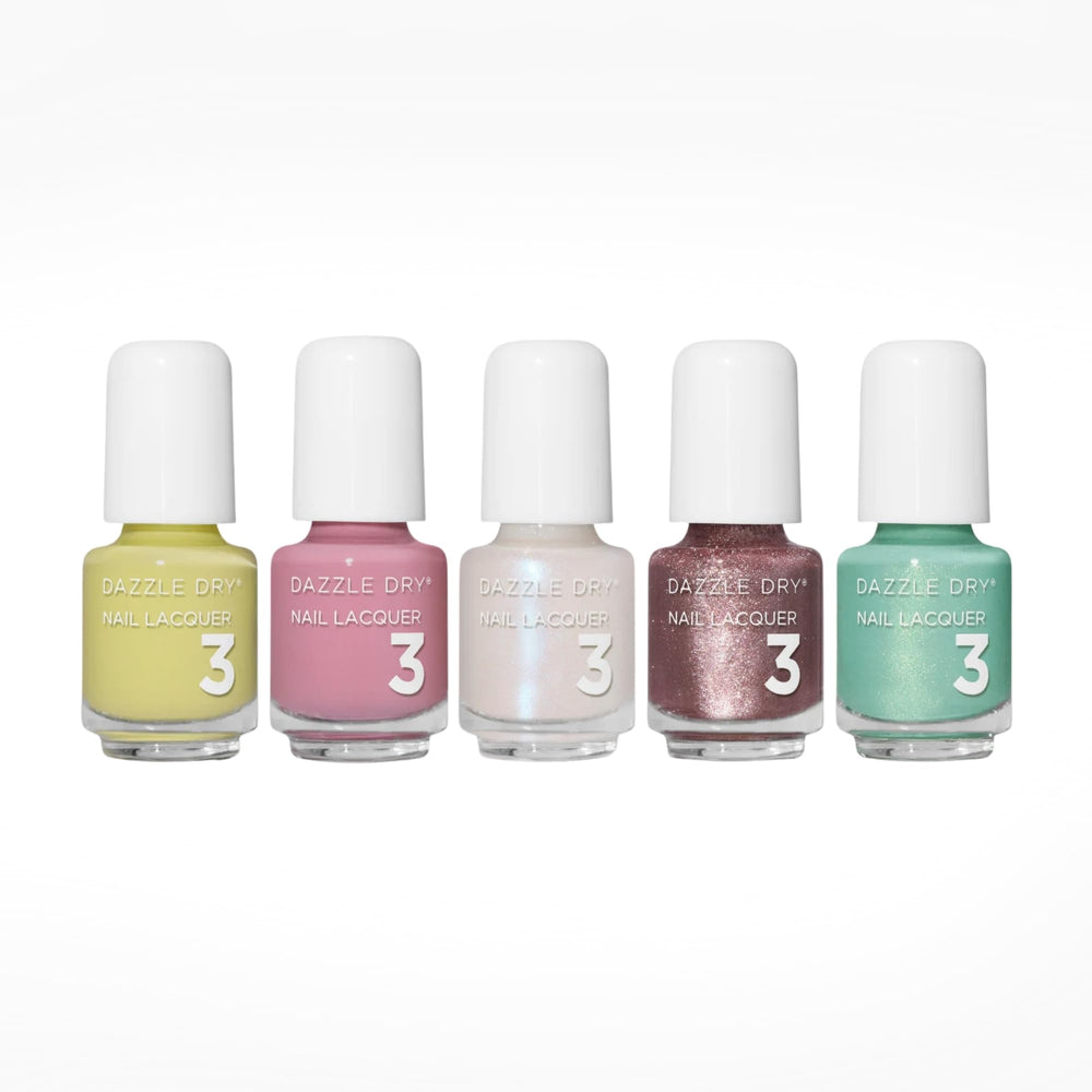 Dazzle Dry Mini Flight with five shades for quick, long-lasting nails at home.