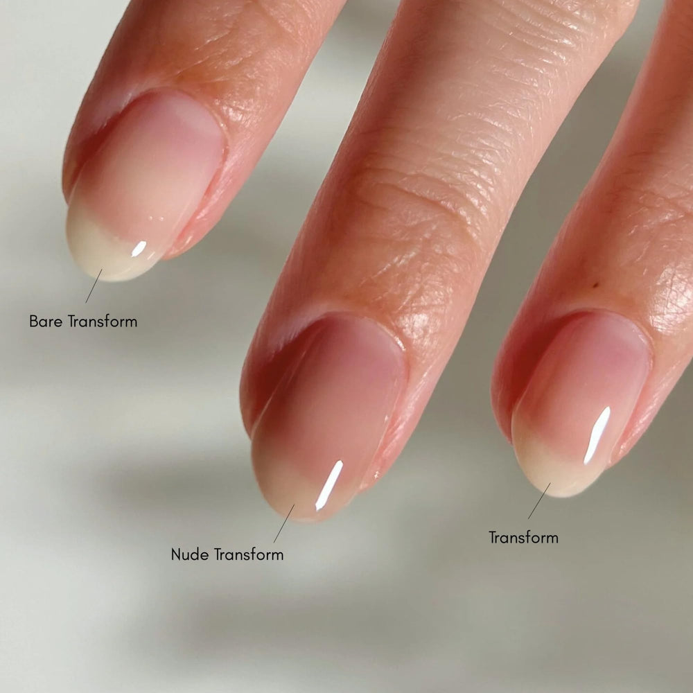 Nails before color show minimized ridges with Bare Transform Ridge Filler.