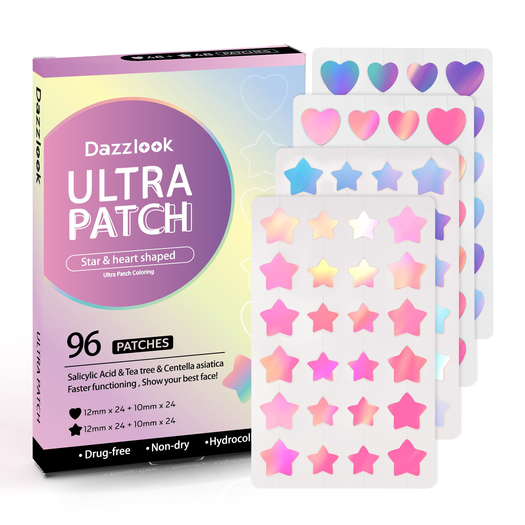 Dazzlook star and heart patches with iridescent finish for stylish blemish care.