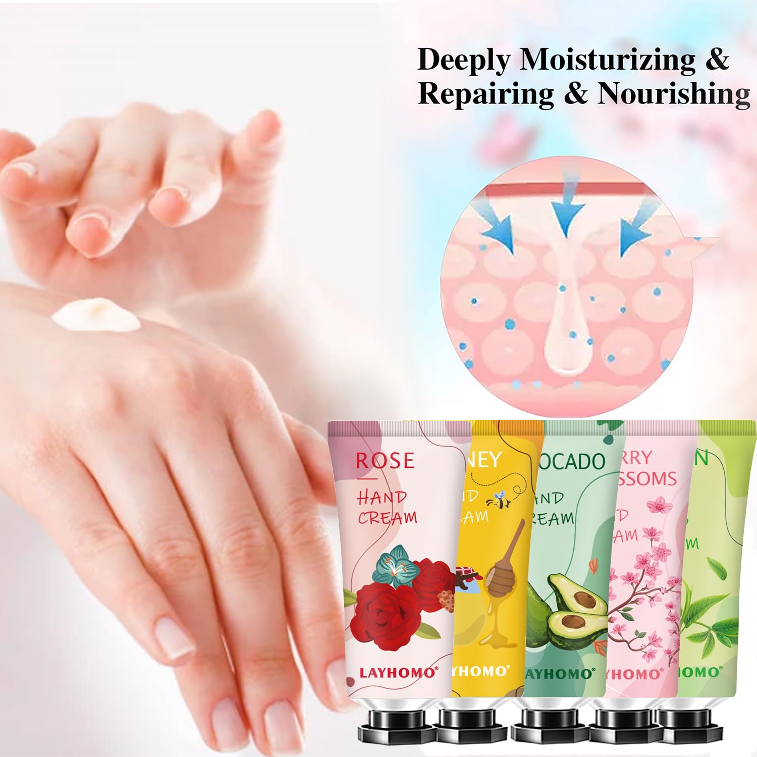 DBEAUTYM green-tea-fragrance hand cream tube with refreshing notes and fast absorption.