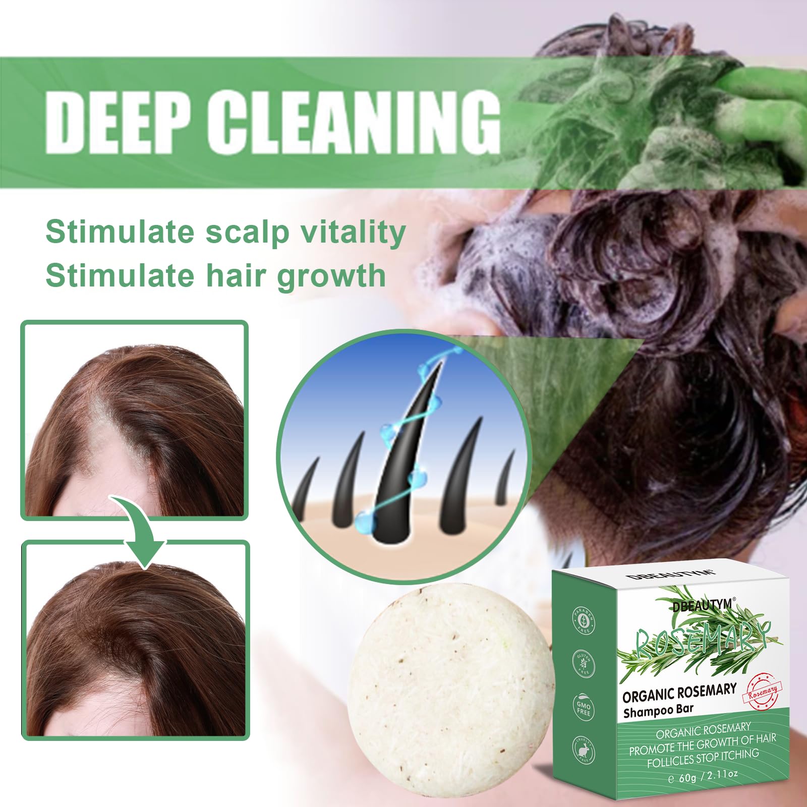DBEAUTYM Rosemary Shampoo Bar highlights olive oil and shea butter ingredients.