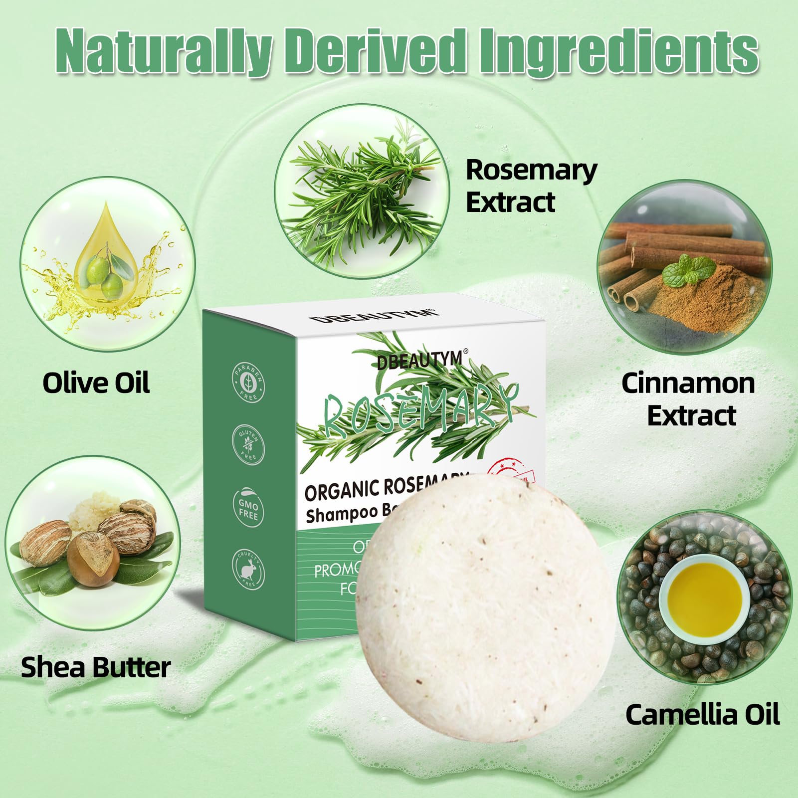 DBEAUTYM Rosemary Shampoo Bar demonstrates lather with rich foam.
