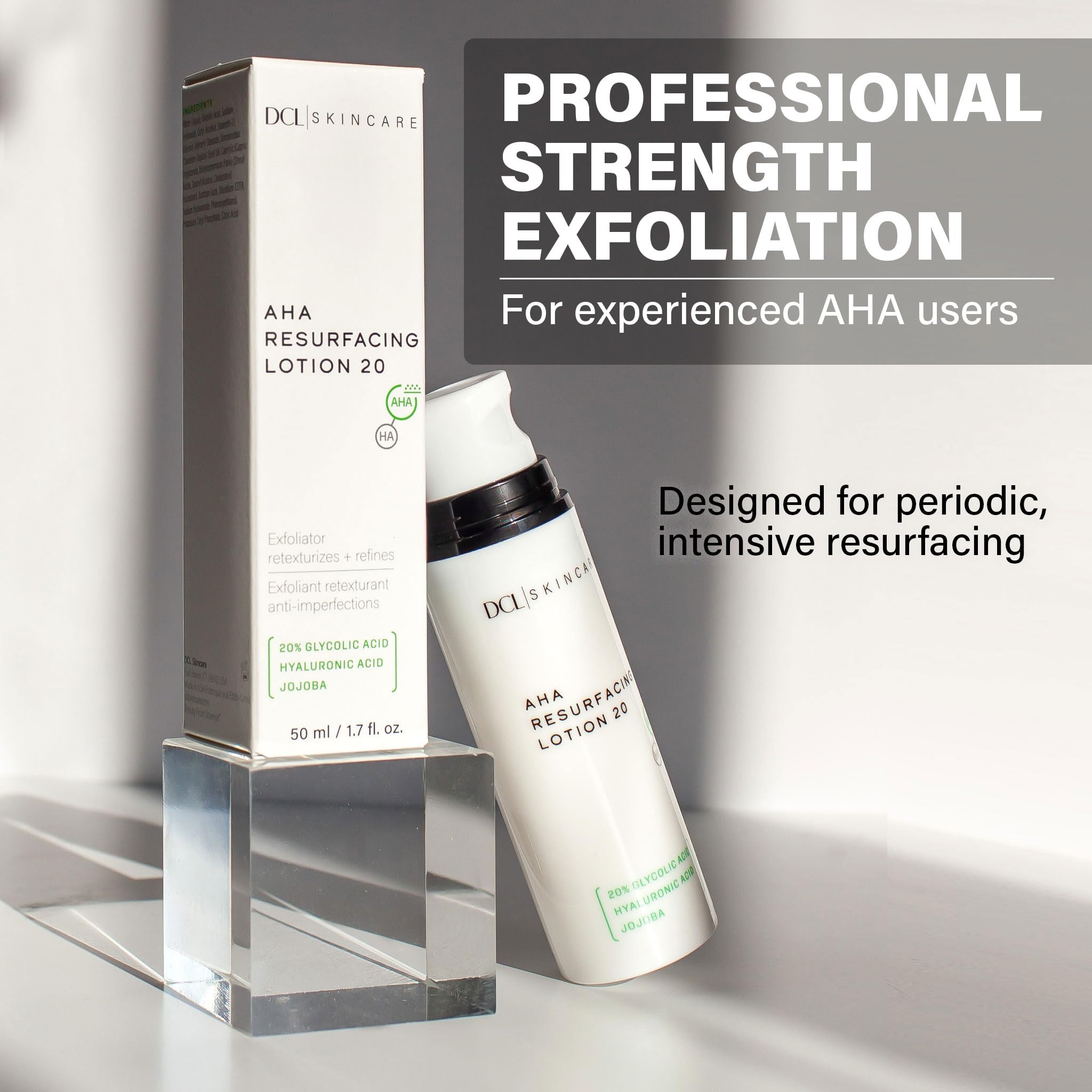 DCL skincare bottle label highlights 20% glycolic acid for texture refinement.