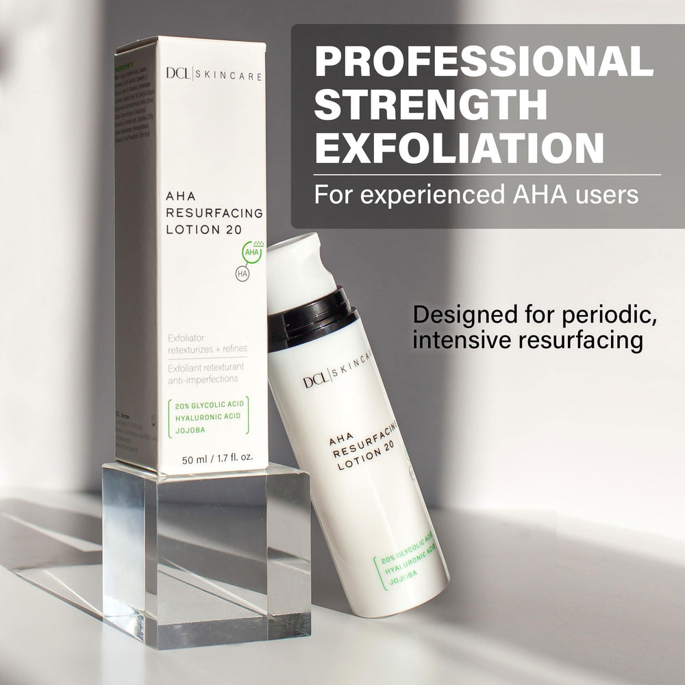 DCL skincare bottle label highlights 20% glycolic acid for texture refinement.