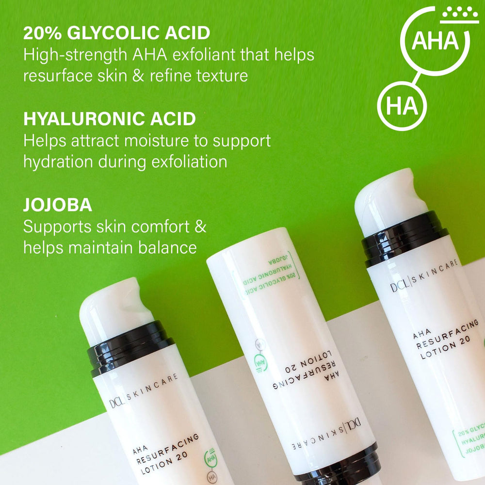 DCL AHA lotion composition image hints glycerin and vitamin E hydration.