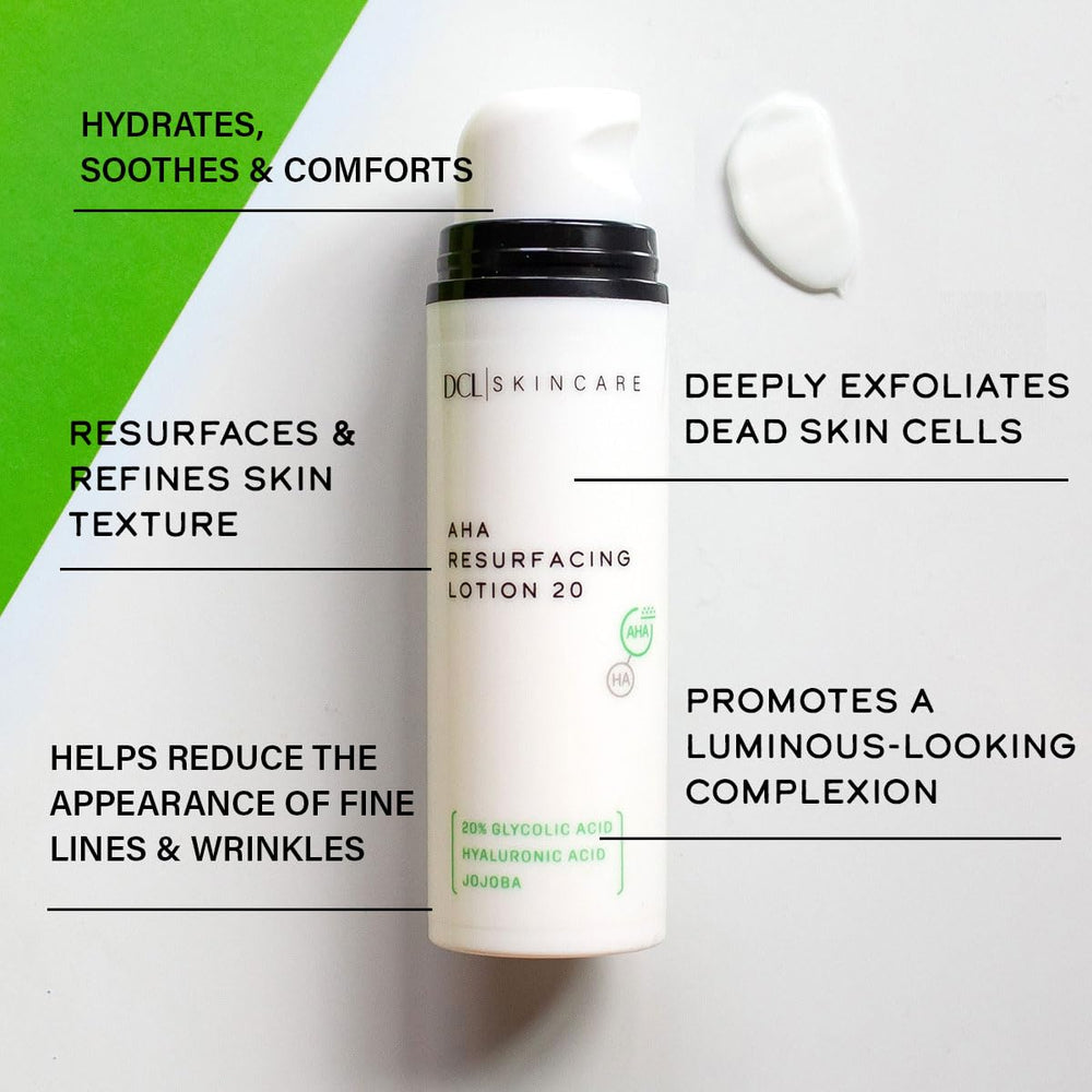 DCL skincare bottle close-up emphasizing skin texture improvement from exfoliation.