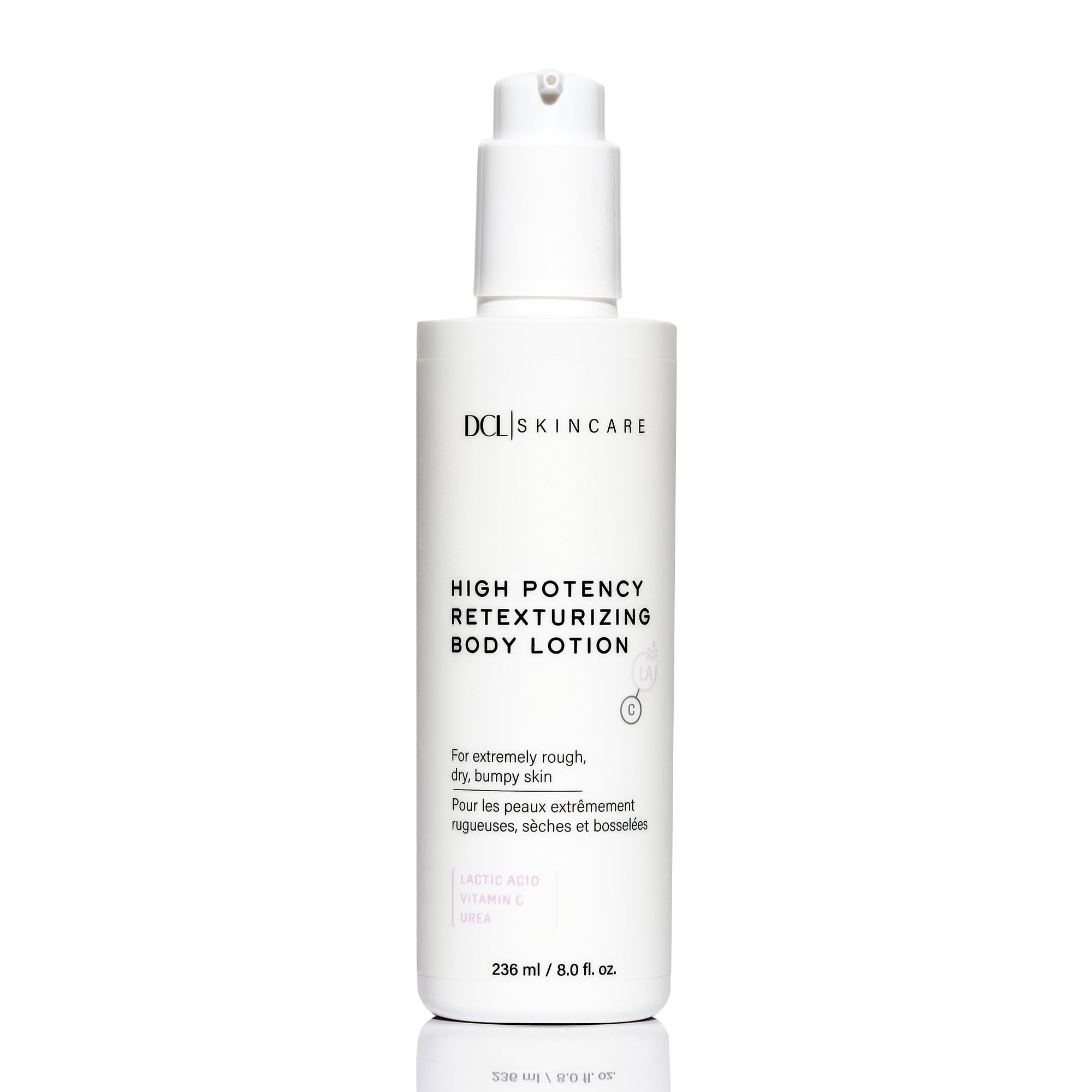 DCL Skincare high potency retexturizing body lotion bottle showing product focus and texture potential benefits