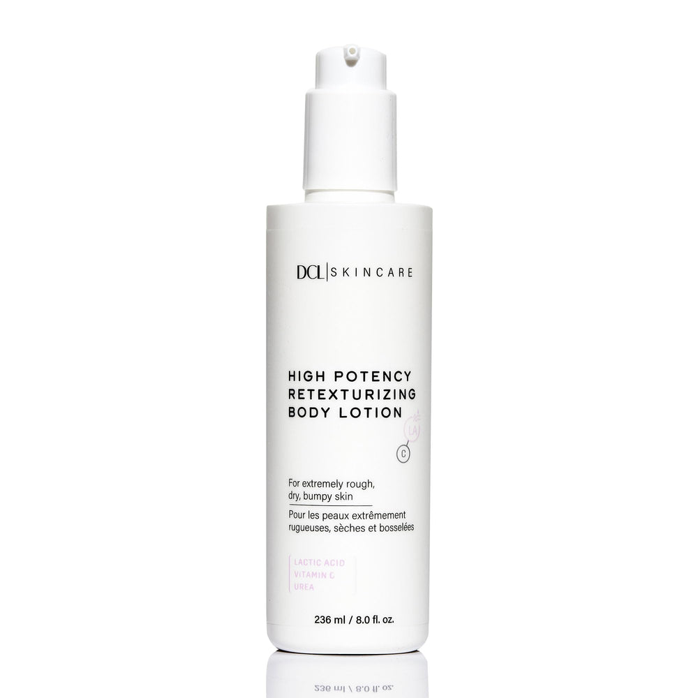 DCL Skincare high potency retexturizing body lotion bottle showing product focus and texture potential benefits