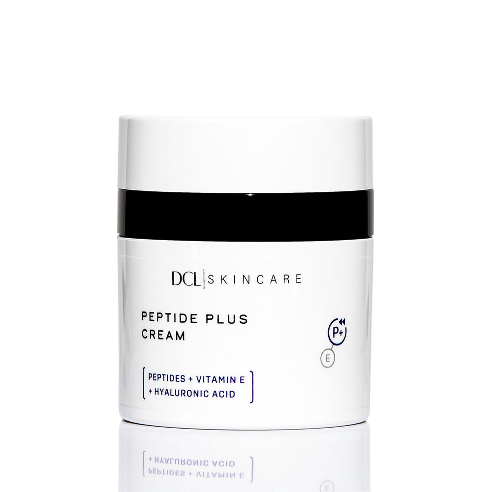 DCL Peptide Plus Cream bottle closeup highlighting barrier-support lipids for daily moisture.