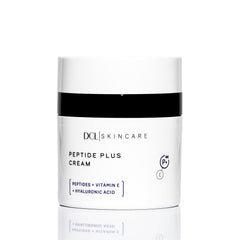 DCL Peptide Plus Cream bottle closeup highlighting barrier-support lipids for daily moisture.