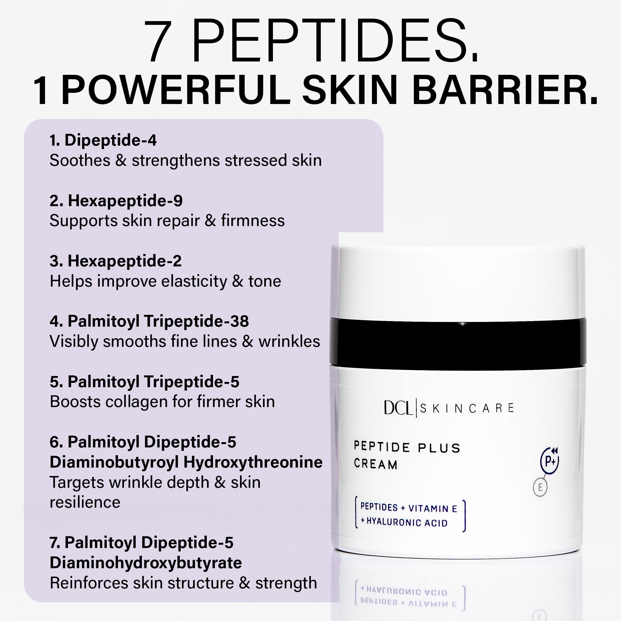 DCL Peptide Plus Cream texture swirl showing rich, fast-absorbing hydration.