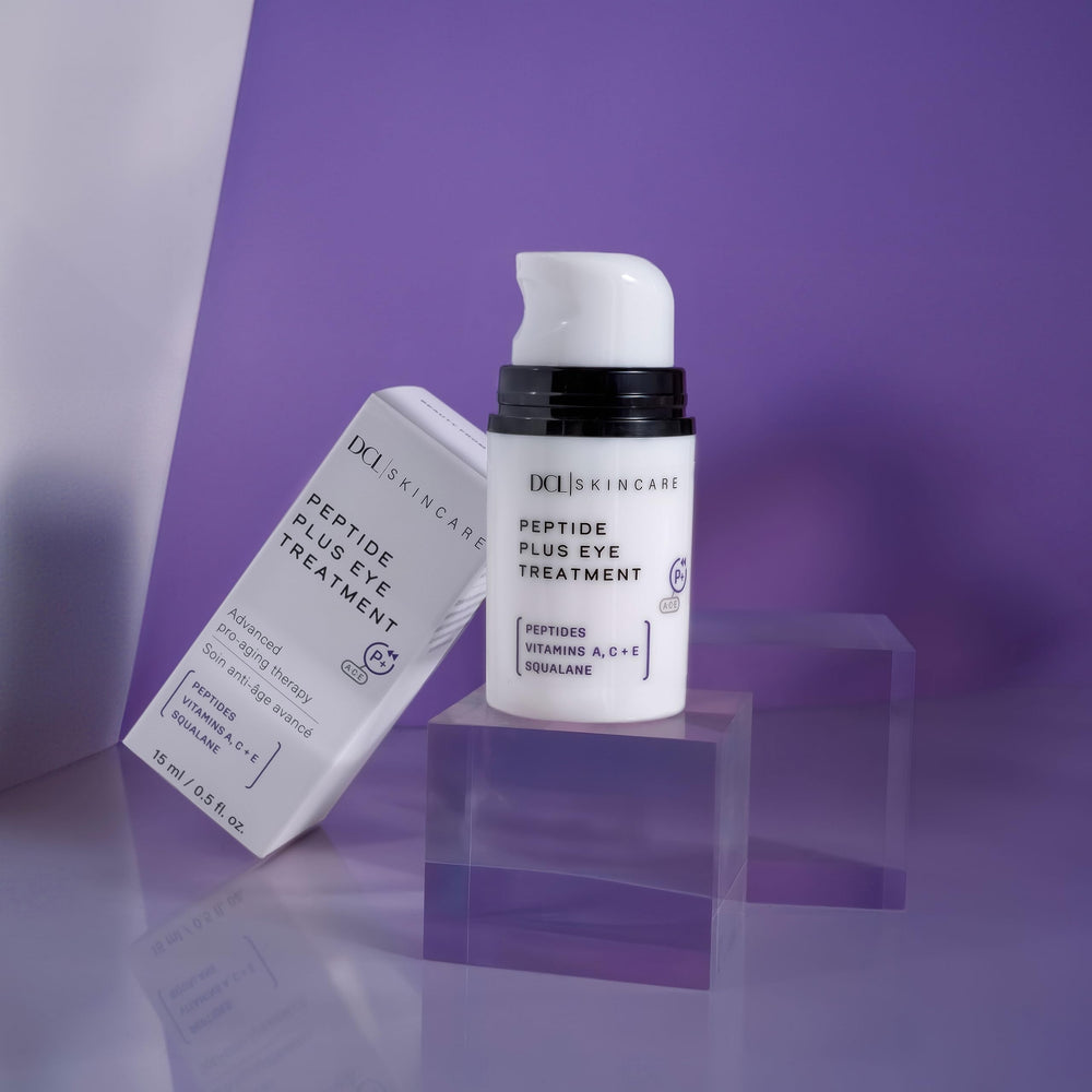 DCL Peptide Plus Eye Treatment packaging on a vanity.